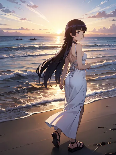 ruri gokou ,   girl  , Alone,   long hair, hime cut,  黒 hair,  long dress with wide open back, Lace Material, ivory color , Beachside sunset, Background where you can hear the sound of waves , Model with sandals 