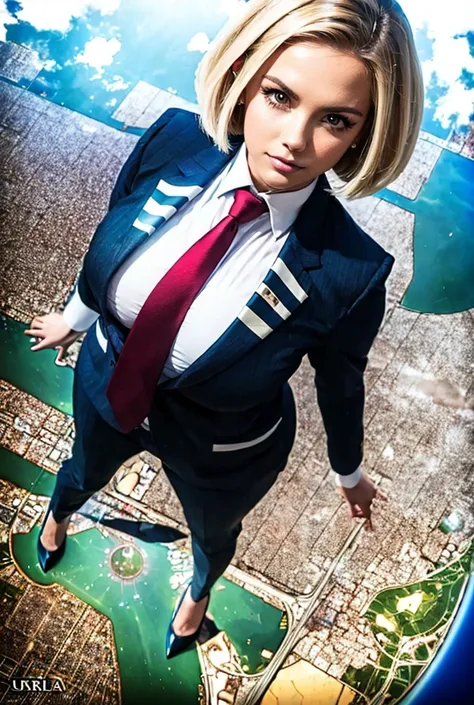 view from outer space of an approaching young giga giantess, Giantess art, 500 miles tall giga giantess, young sophisticated and stylish woman in a blue italian pinstriped trouser suit, form fitting crisp office shirt, and a large wide light blue necktie i...