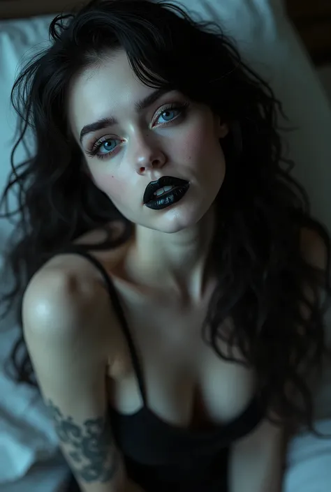 a haughty goth girl, pale skin, blue eyes, long hair, sitting on bed, high angle view, sexy black lips, goth makeup, orgasm face, (best quality,4k,8k,highres,masterpiece:1.2),ultra-detailed,(realistic,photorealistic,photo-realistic:1.37),HDR,UHD,studio lig...