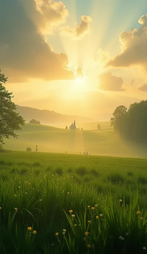 A serene morning scene with soft golden sunlight streaming through a peaceful countryside, featuring a tranquil chapel in the distance surrounded by lush green fields. The atmosphere conveys calm, hope, and spiritual renewal, with gentle clouds and a soft ...