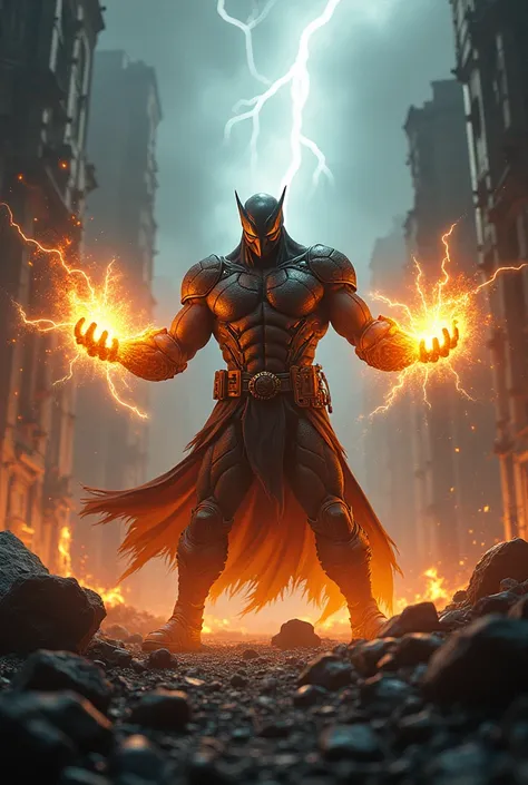 "His fists glow with raw energy, ready to unleash more destruction. The villain prepares for the next devastating attack, his power pulsing through the city’s ruins."