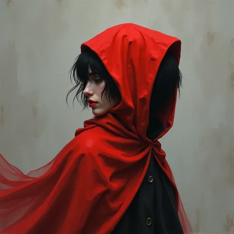 "A minimalist and impressionist artwork featuring a mysterious figure in profile. The subject wears a bold red hood that flows seamlessly into the background, contrasting sharply with their pale complexion and dark, shadowy attire. The hair and lips are re...