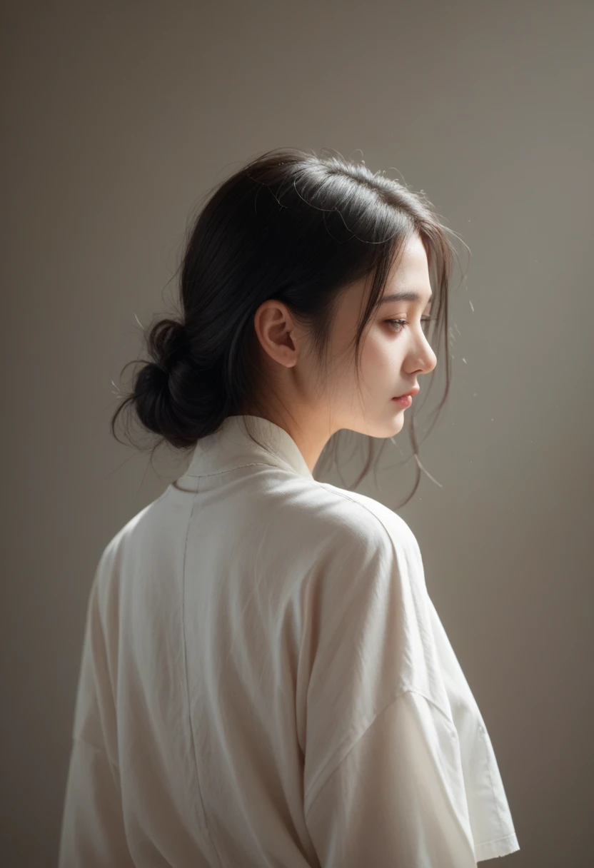 A high-quality image of a single Japanese woman seen from behind. She has long, straight black hair flowing naturally down her back. She is wearing a clean, simple white shirt with minimal wrinkles. The background is softly blurred to emphasize the subject...