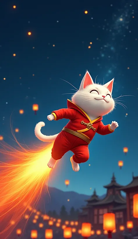 Blazing Comet Cat
A white cat streaks across the night sky in a fiery red and orange suit, her comet-like trail illuminating the dark heavens. The background shows a village in celebration with colorful lanterns.

