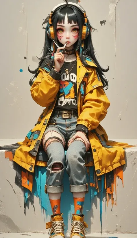  painting of a woman sitting on a wall smoking a cigarette ,  wearing headphones this one with her feet resting on the headphone Cross-footed edon,  sneakers ,  yellow coat jacket with geometric drawings ,  he falls on his shoulders ,  rolled-up jeans pant...