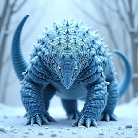 A large, frosted pangolin with icy blue scales and glowing silver eyes, standing aggressively on its hind legs and curling its sharp tail.