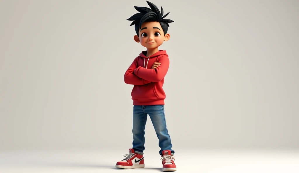 A  boy with short, spiky black hair, tan skin, an oval-shaped face, and a slim figure. He wears a red hoodie, blue jeans, and sneakers, standing confidently with his arms crossed.