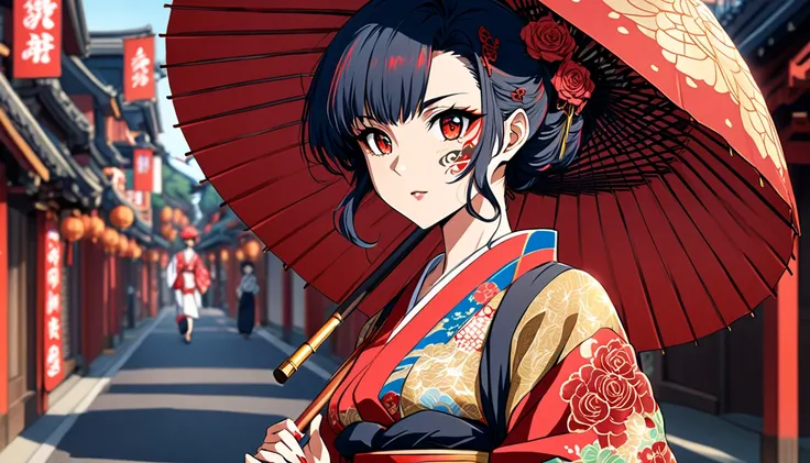 Create an anime-style portrait of a woman in a gorgeous kimono walking down Nakamise Street in Asakusa.
The woman is holding a flashy parasol, and her visible skin features tattoos of skulls and roses, contributing to the characters contrast.
The color sch...