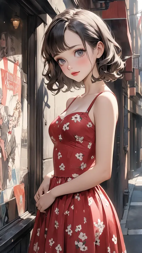 high definition, masterpiece, Anatomically Accurate  , Accurate,  top quality, high definition model, high detail,   anatomically correct ,  Norman Rockwell &Tim Burton style、darkness、1 girl, Street Corner、Watercolor touch、Young Beautiful Girl、1950s、アメリカ人、...