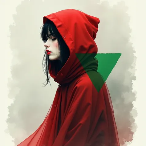 "A minimalist and impressionist watercolor artwork featuring a mysterious figure in profile. The subject is draped in a flowing red hood, rendered with soft, textured watercolor strokes that bleed into a muted gray background. A striking green triangle ove...