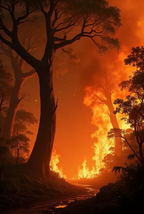 Jungle are burn on fire and trees are burning.