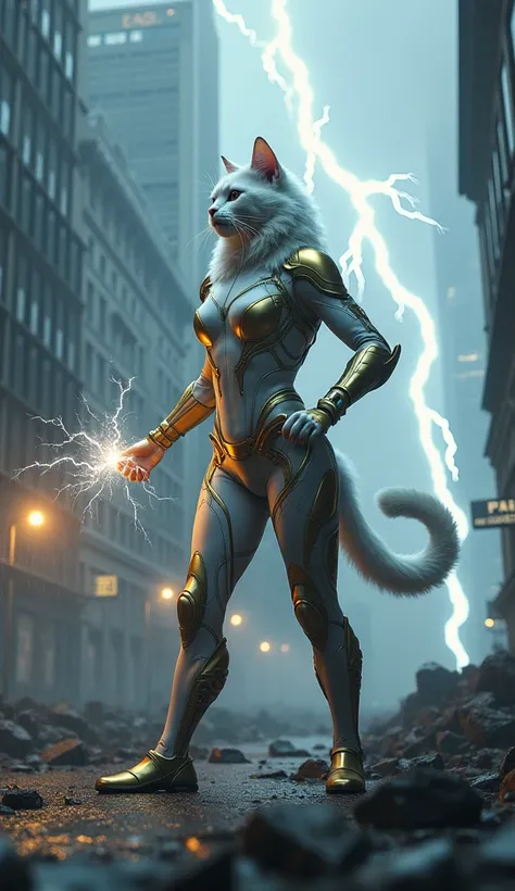 Thunder Strike Cat
A white cat in a metallic gold and stormy-gray suit summons a bolt of lightning from her paw to stop a falling building. The background shows a city enduring heavy rain.