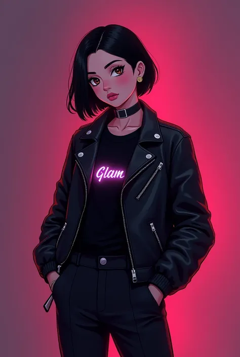 Edit a pfp for my YouTube channel called Glam&Glow  and add my anime character with Bob haircut, sharp jawline& sharp features sleeper eyes brown & clothes black leather jacket with black tshirt & black trousers add a name of my channel to that pfp as well...