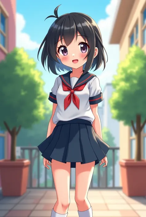 cute, girl,  , 3rd junior high school student, black hair, Bob- Half up-short ponytail, school uniform, Miniskirt, white knee-high socks, big bust, (((shiny skin))), blush, smile