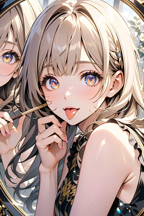 two girls, (opposite mirrors, stick out tongue), shiny skin, big eyes, beautiful fingers, (masterpiece, ultra detailed, top quality), anime.