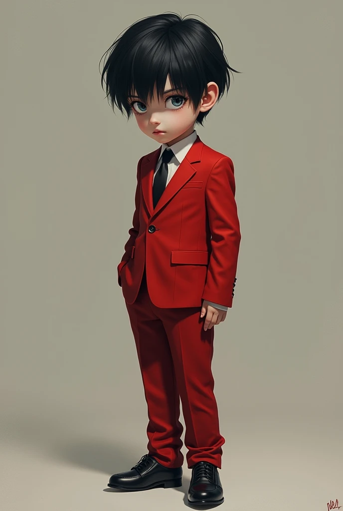 a personality. A boy wearing a red suit, black hair, white skin, white eyes and black shoes 