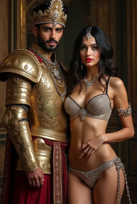  Indian King and Queen, king in armour, young queen in sexy bra and panties made of diamonds, clevage,, award winning, masterpiece photography, posing, Full body photos