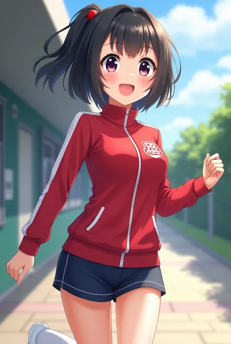 cute, girl, , 3rd junior high school student, black hair, Bob- Half up-short ponytail, school track suit, white knee-high socks, big bust, (((shiny skin))), blush, smile