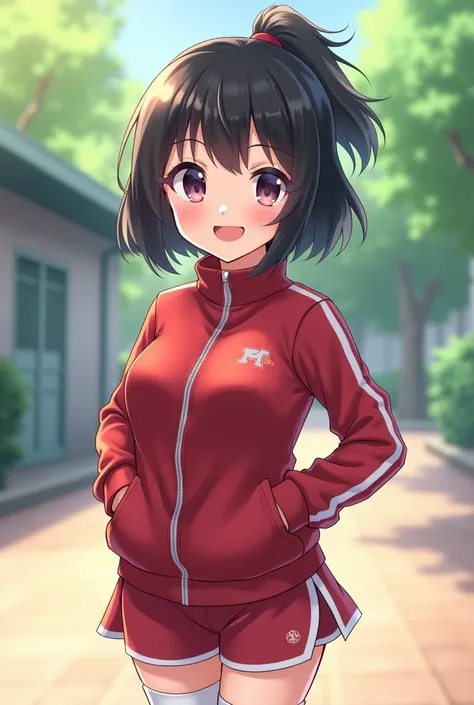 cute, girl, , 3rd junior high school student, black hair, Bob- Half up-short ponytail, school track suit, white knee-high socks, big bust, (((shiny skin))), blush, smile