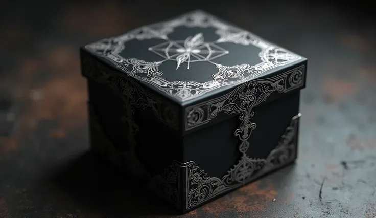 A cube-shaped gift box with a dark, gothic aesthetic. The box features a matte black finish with intricate silver accents along the edges. The surface is adorned with subtle Victorian-style patterns, such as lace-like details or mysterious symbols, creatin...