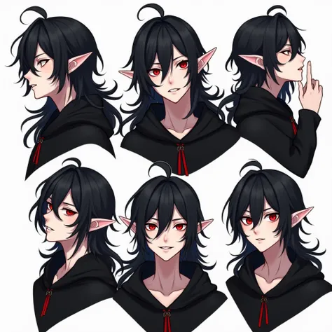  Male anime character with long black hair ,  with red eyes ,  Elfs Ear ,, black hoodie on a white background  ,  in various poses and expressions 