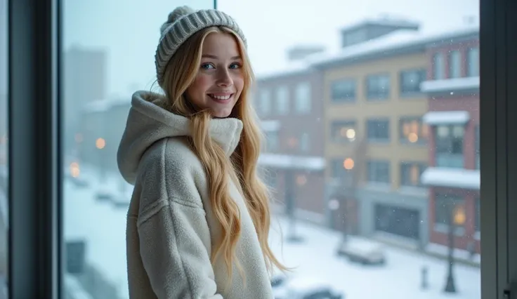  High quality. A real girl with 18 years old with beyond floor length blonde hair and see her "whole" body standing on the right of floor to ceiling window, must see her whole body. The scenario of window shows winter city in modern city. This graph MUST s...