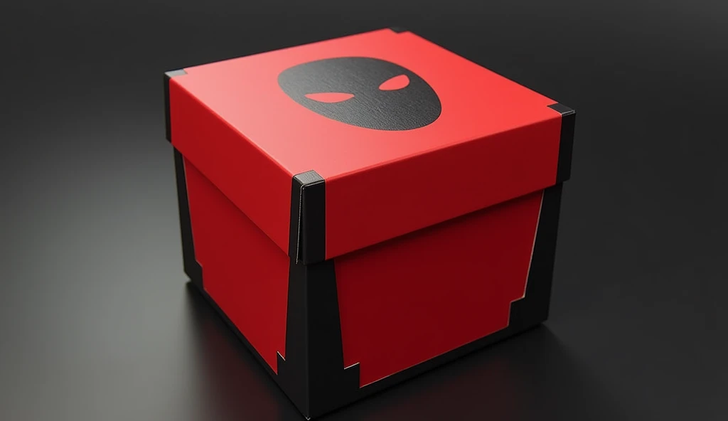 A cube-shaped gift box inspired by Money Heist, featuring a bold, red color with black accents. The box has a sleek matte finish, resembling the iconic red jumpsuits worn by the robbers. The top of the box is adorned with the image of a stylized mask, remi...