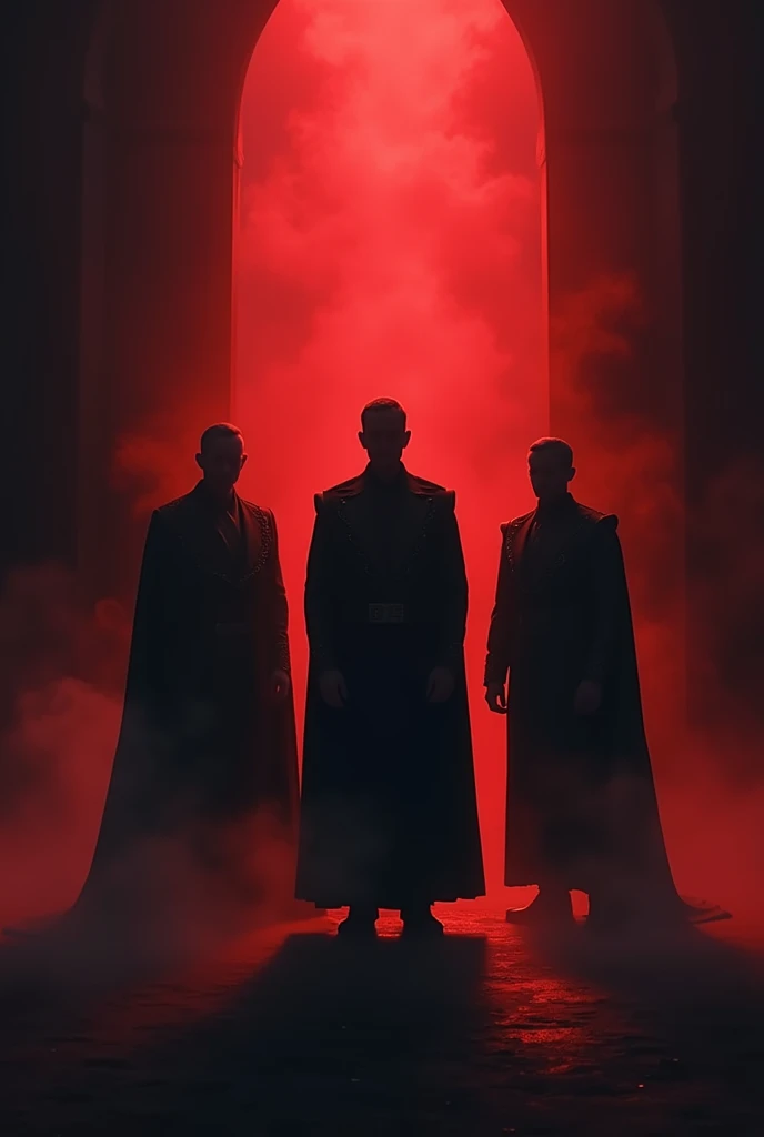 silhouette of 3 men like princes on a stage with dark red and black nuances and a little smoke 