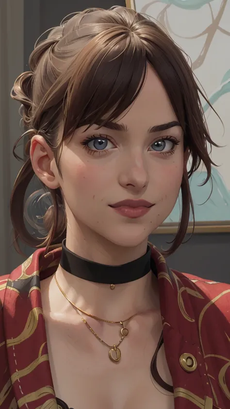 um close-up de uma mulher com um colar e um choker, estilo artístico realista, estilo artístico realista, detailed portrait of anime girl, 🤤 retrato de , arte no estilo de guweiz, retrato rossdraws, estilo de arte realista de anime, estilo de arte charlie ...