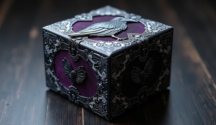 "A cube-shaped gift box with a dark, gothic theme inspired by the Wednesday series. The box features a glossy black finish with silver or purple accents. The surface is adorned with intricate patterns like lace, skulls, or spider webs, evoking a spooky yet...