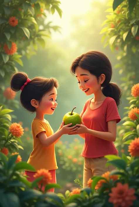 "The , after tasting the guavas, offers one to her mother with a bright smile, saying, This one is sweeter, you can have it. The mother looks surprised and happy, standing in a colorful garden."
