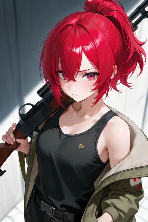 woman　soldier　 red hair　valley　 tank top　rifle　cool　 ponytail