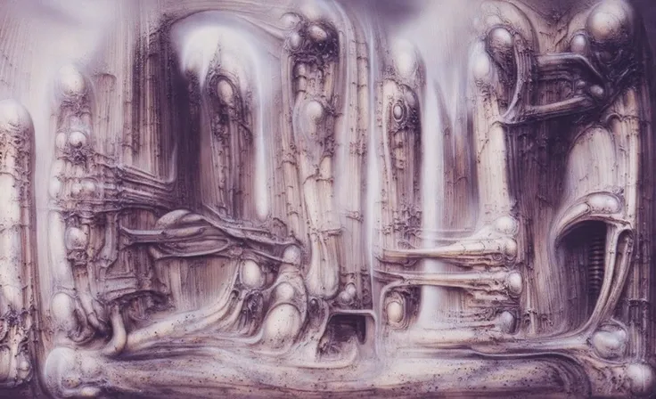 H. R. Gigers g1g3r, , Giger_style, The image is a detailed view of H.R. Gigers " NY City  " plate, featuring H R GIGERs biomechanical is a digital artwork featuring  vertical city set against a backdrop of intricate mechanical pipes and wires.. with a glow...