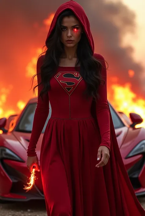 Supergirl in a red dress with a hood, all red, red eyes, red lashes, black long hair, red blood, McLaren car, background explosions The girl, 18, is about to shoot a laser from her eye, but she has a flaming rope in her hand. The girls eyes are burning, sh...