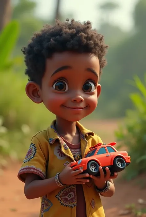 An image of a young Malagasy boy aged 12 playing a car 