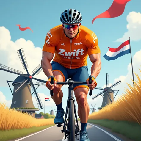  Muscular cyclist with a little overweight in his orange jersey with the name of the sponsor ZWIFT NL DIRK,  riding a road bike through the Netherlands , passing mills and flags of Holland 