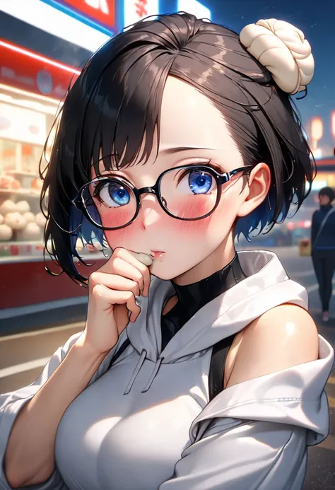 RAWphoto,photorealistic,8k16k,best quality,perfect anatomy,perfect detailed,ultra highres, extremely detailed eyes and face,gleaming skin,shiny skin,1girl,Japanese,black short hair,pixie cut, (wearing glasses:1.3),(parted bangs,forehead:1.2),round face,med...