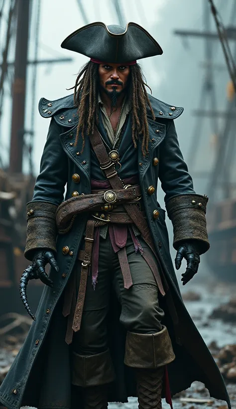 A formidable hybrid of Captain Jack Sparrow and Venom, combining the charisma of a pirate with the monstrous power of an alien symbiote. The hybrids appearance is a twisted amalgamation
