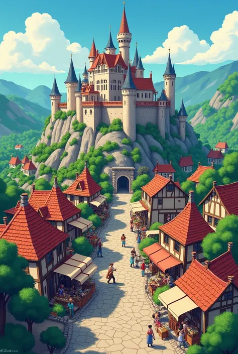 map medival fantasy town with 2d anime manhwa game art style, have castle

