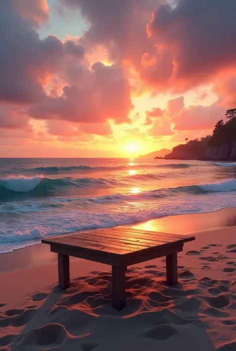 ralistic ocean, sunset,beautiful sky,beach, table