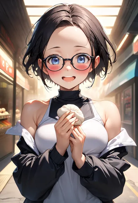 RAWphoto,photorealistic,8k16k,best quality,perfect anatomy,perfect detailed,ultra highres, extremely detailed eyes and face,gleaming skin,shiny skin,1girl,Japanese,black short hair,pixie cut, (wearing glasses:1.3),(parted bangs,forehead:1.2),round face,med...