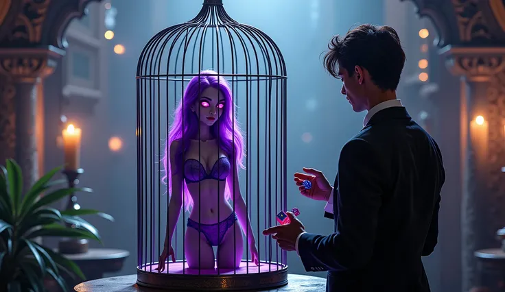 A small, sexy tiny alien girl wearing dress with glowing eyes, having purple body with purple hairs  trapped inside a birdcage resembling a parrots. A human man stands outside the cage, holding a dice, ready to gamble for her freedom. The setting is a diml...