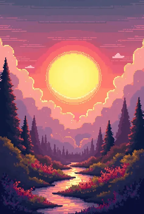 there is a sun in the picture. The picture is a pixel art. The picture is a pixels