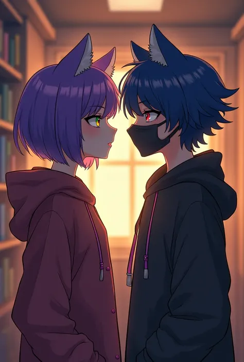 Create a short haired wolf cut girl with blue and purple hair with  , lenses trying to ask for the number from a book-haired boy with a mask