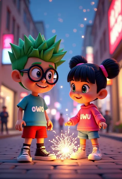 The style is 3D pixar animation with a vibrant color palette, in 3D pixar animation image of a boy, cute and nerdy , with big round glasses, wearing a light blue t-shirt with "owo" printed on it, red shorts, and spiky bright green hair ,He has black sneake...