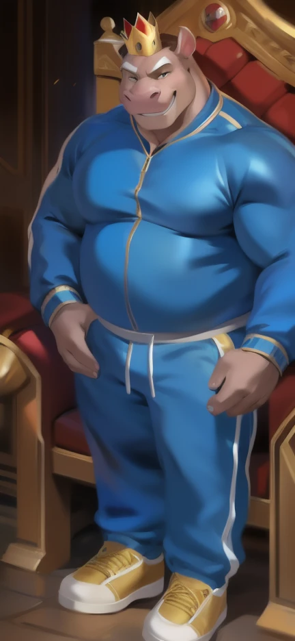 Solo, male Tall​ ,huge​ body​,​ Chair Ride ,Wearing the Kings Crown, den,big hippo​ ,blue Tracksuit soldier , Wear combat shoes, overweight, muscular, Smirking​ , by chunie