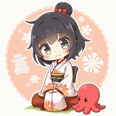 Cute Anime、Chibi、  cute girl、 high res, bangs, Bang Bangs, My eyes are silver ,  black hair,  bun hair, wearing a kimono(Floral) 、 sitting on kagamimochi 、Red octopus pet 、 New Year(Year of the Si)background、