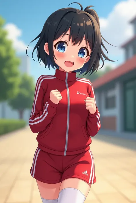 cute, girl, , 3rd junior high school student, black hair, Bob- Half up-short ponytail, school track suit, white knee-high socks, big bust, (((shiny skin))), blush, smile