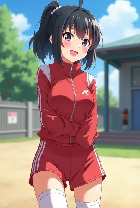 cute, girl, , 3rd junior high school student, black hair, Bob- Half up-short ponytail, school track suit, white knee-high socks, big bust, (((shiny skin))), blush, smile