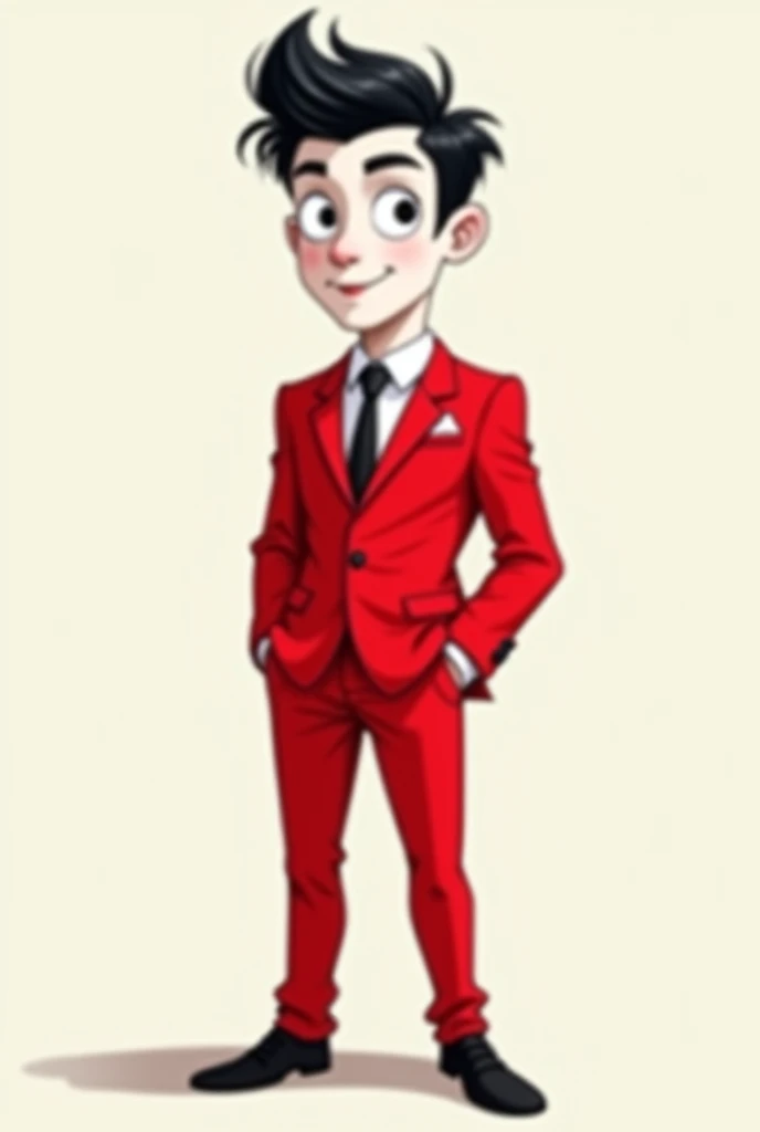 a personality. A cartoon cartoon of a grown up teenage man wearing a red suit, black hair, white skin, white eyes and black shoes 